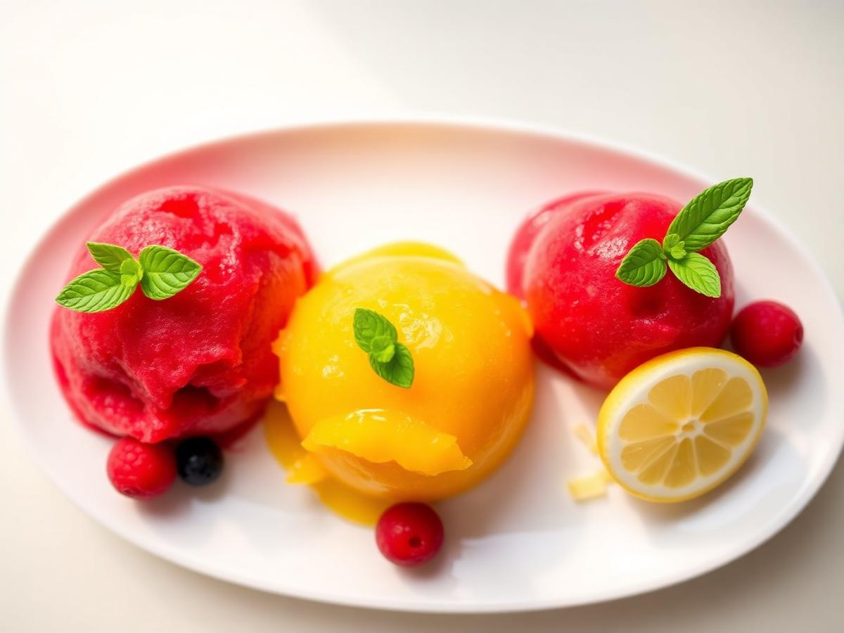 Plated raspberry, mango and lemon sorbet scoops with fresh fruit